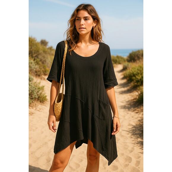 Drawstrings of Malibu XS Lagenlook Tunic Travel Dress 100% Cotton Flowy Black - Picture 8 of 8